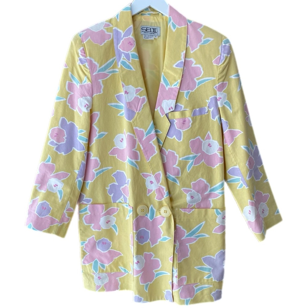 Vintage 80’s Floral Blazer M/L Yellow Cotton
